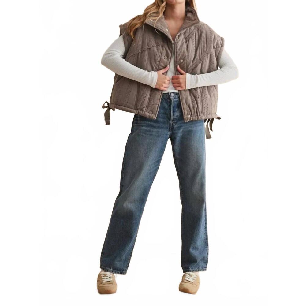 NEW MIOU MUSE lace crochet trim puff vest in brown - Picture 5 of 5